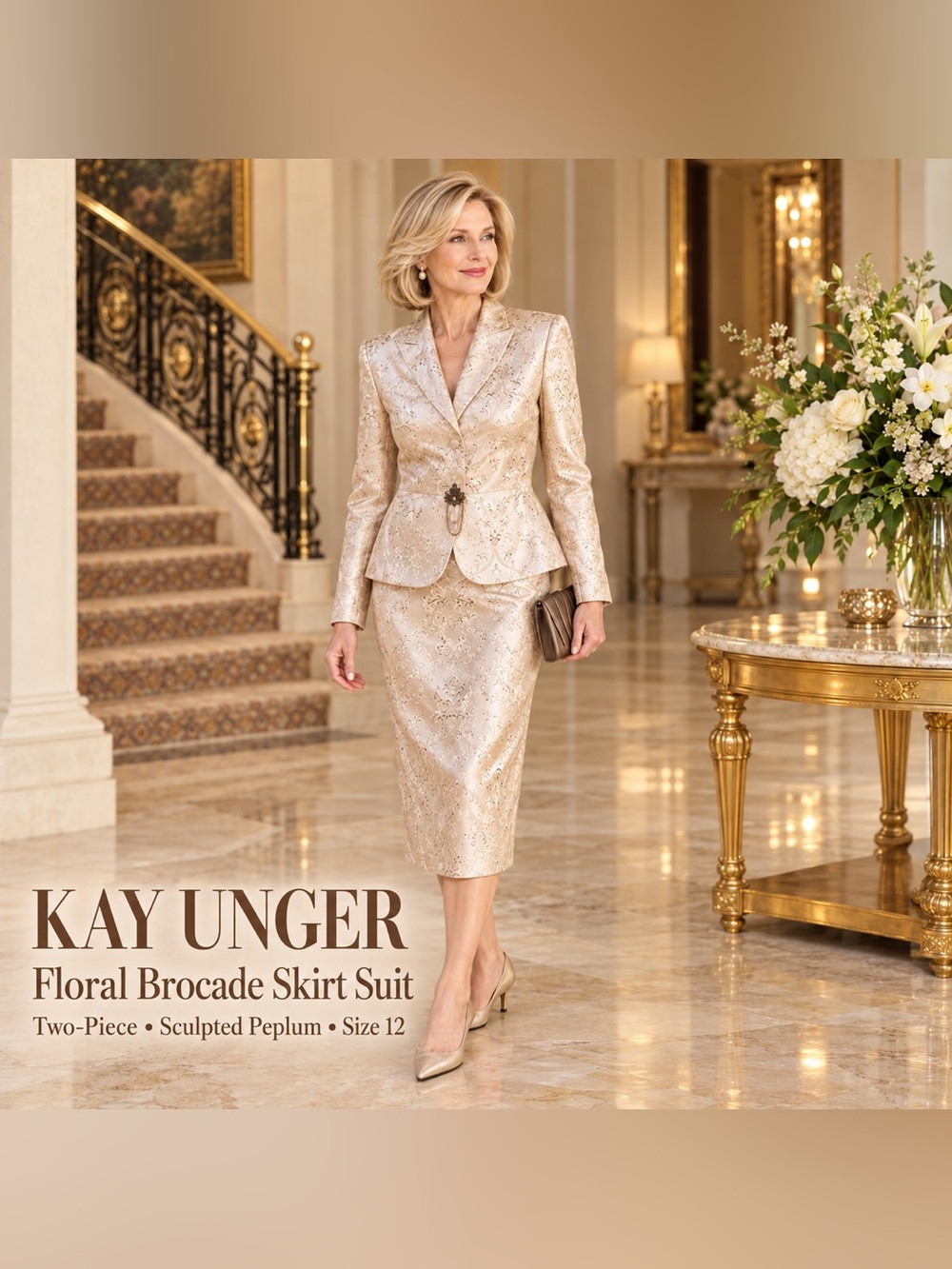 KAY UNGER Elegant Floral Brocade Women's Jacket & Skirt Set size 12